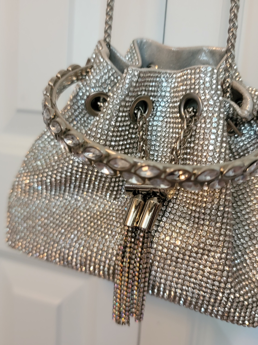 Silver Crystal Mesh Drawstring Evening Bag